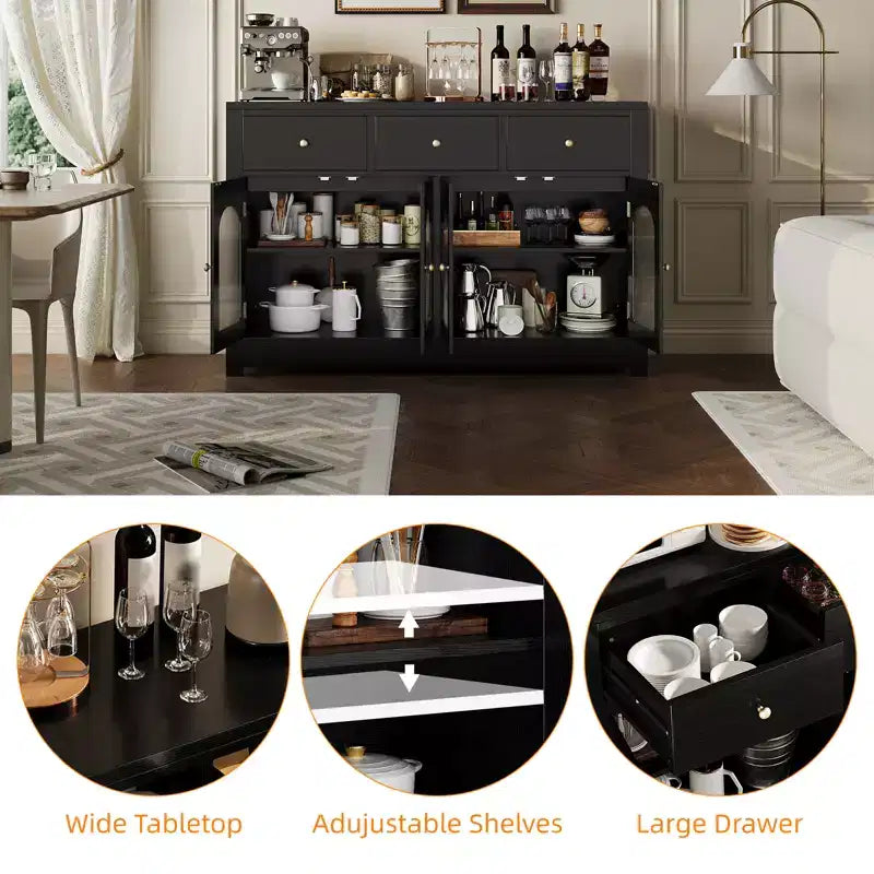 Buffet étroit de 140 cm avec 3 tiroirs et 4 portes pour cuisine, salle à manger, salon