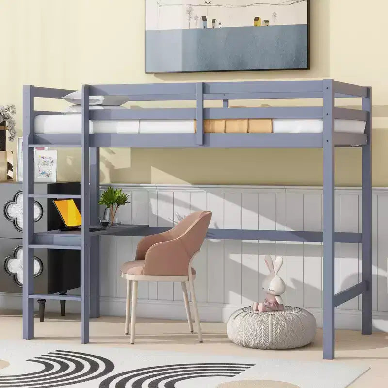 Lit mezzanine Okak Minimalism avec échelle, lit mezzanine simple en bois d'hévéa avec garde-corps de sécurité et bureau intégré, cadres de lit pour enfants, adolescents
