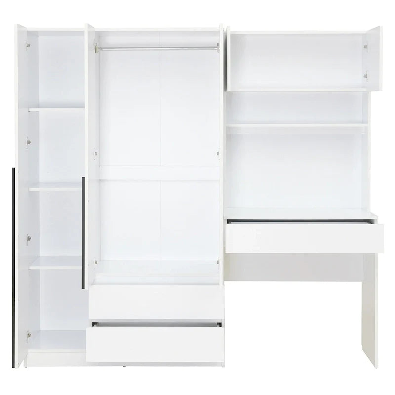 Armoire-penderie 3-en-1 avec coiffeuse, ensemble de bureau, armoire de chambre avec 2 tiroirs, armoire-penderie à 3 portes avec espace de rangement