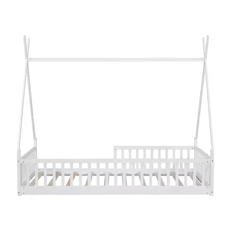 Lit de sol pour enfants, lits cabane doubles, lit de sol Montessori avec lattes et barrières de protection, cadre de lit cabane en bois pour garçons et filles