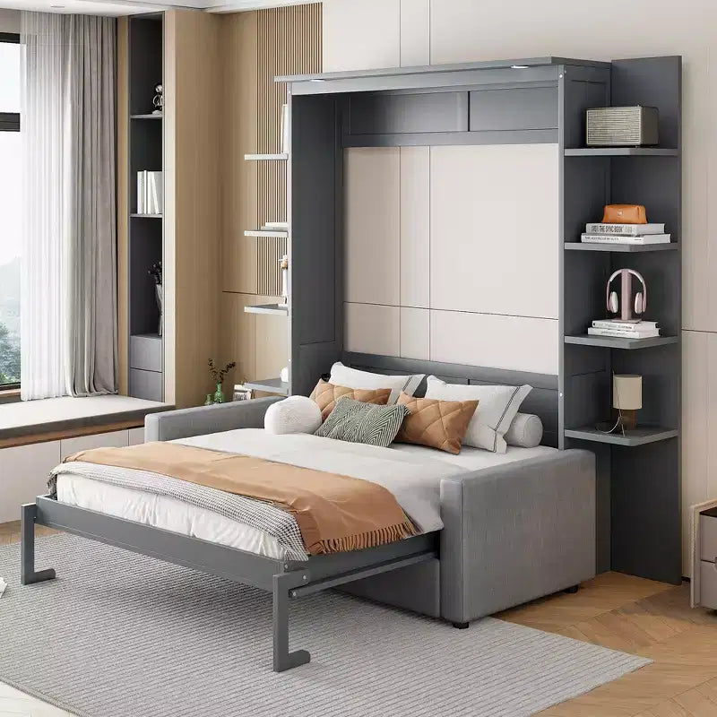 Lit escamotable mural Whisen Modern Design Queen size en bois avec canapé et étagères