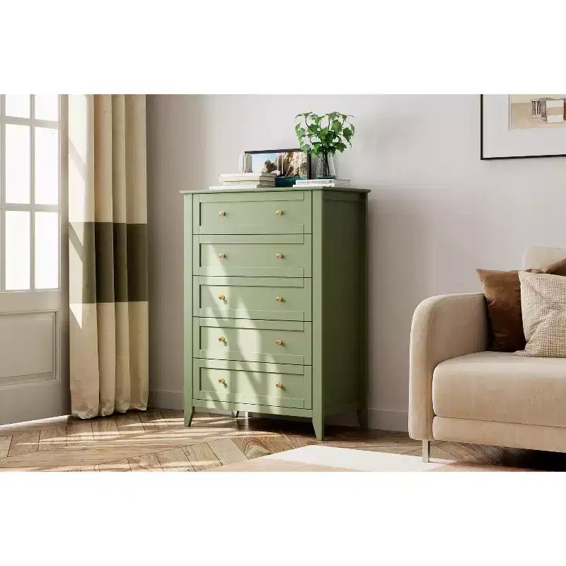 Commode à 5 tiroirs de 108 cm de haut pour chambre à coucher, armoire de rangement en bois avec tiroirs de 30 cm de profondeur et poignées en métal doré, idéale pour l'entrée ou le couloir