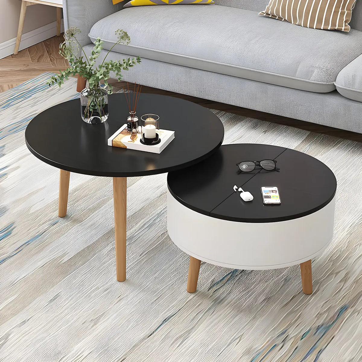 Table basse ronde moderne en bois noir et blanc avec rangement