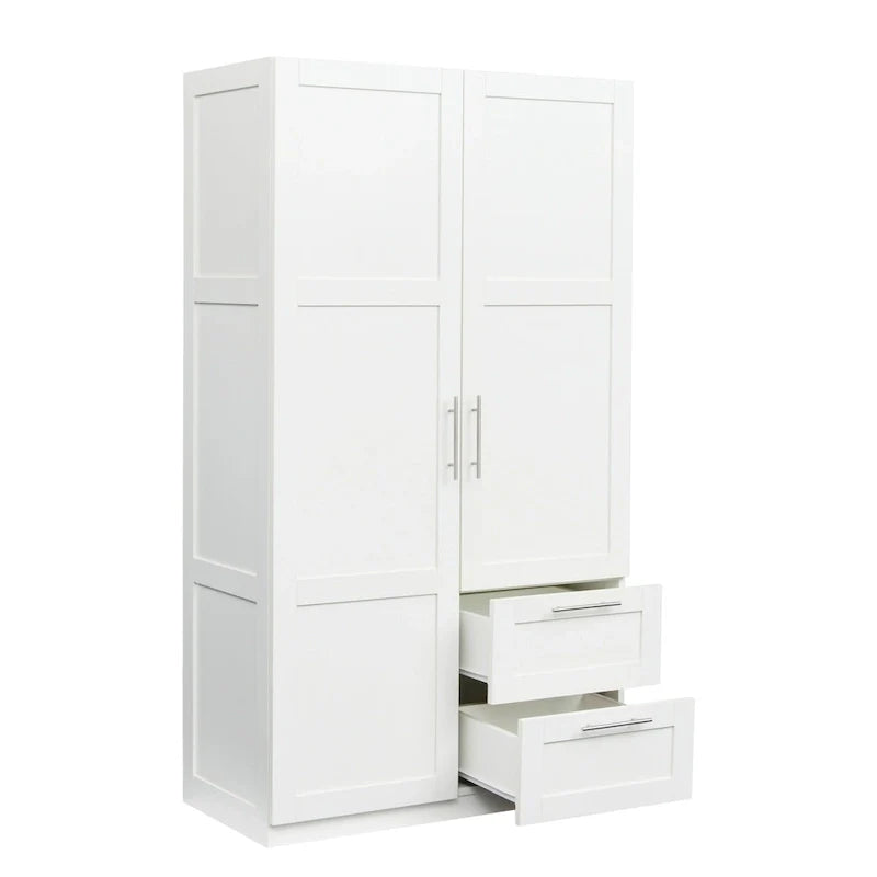 Armoire de rangement en bois blanc avec portes, tiroirs et tringle à vêtements