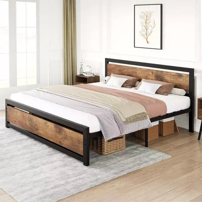 Cadre de lit robuste avec tête et pied de lit, plateforme métallique avec rangement de 35 cm, sans bruit et assemblage sans outils, marron vintage