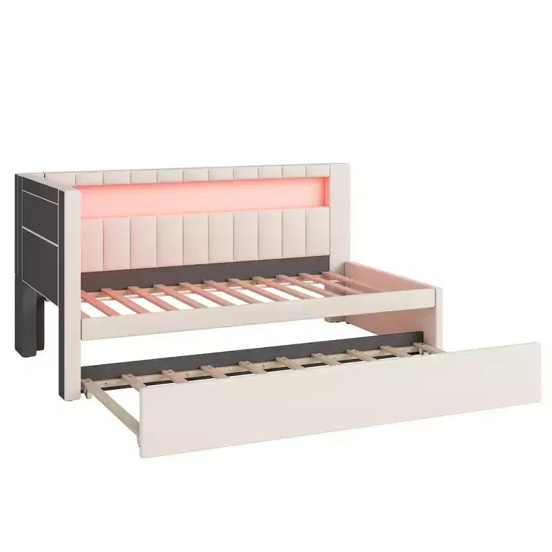 Lit de repos double/complet avec tiroir gigogne et tête de lit bibliothèque en L, lit d'angle doux rembourré en lin avec étagères de rangement et bande LED