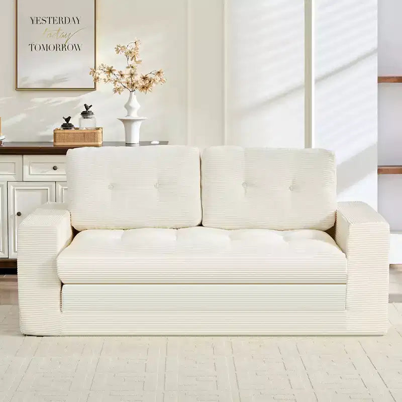 Mjkone Canapé-Lit Futon Convertible 2-en-1 180 cm, Canapé Deux Places Pliable en Tissu Côtelé avec Boutons Touffetés, Idéal pour Petits Espaces