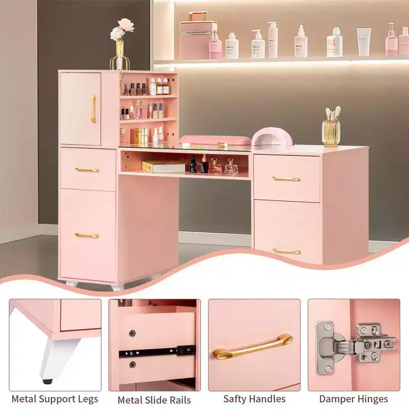 Bureau de manucure moderne noir/rose avec plateau en verre et repose-poignet, poste unique