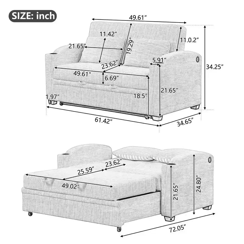 61.6 Canapé-lit convertible moderne en chenille avec ports USB, porte-gobelets et dossier réglable pour salon, appartement