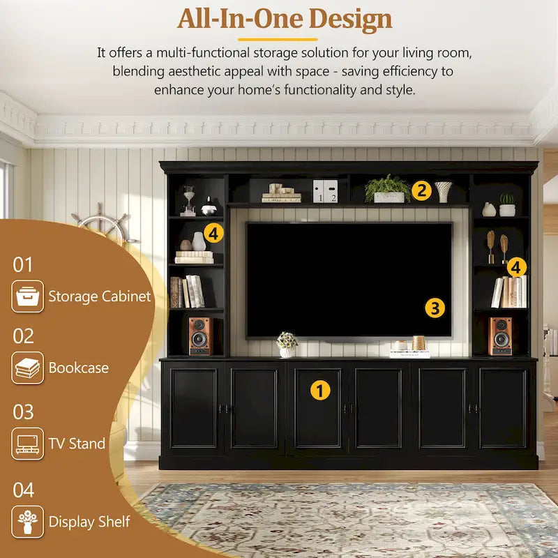 Ensemble mural de 4 meubles TV avec pont pour téléviseurs jusqu'à 70 pouces, meuble TV avec étagères réglables, grande console multimédia