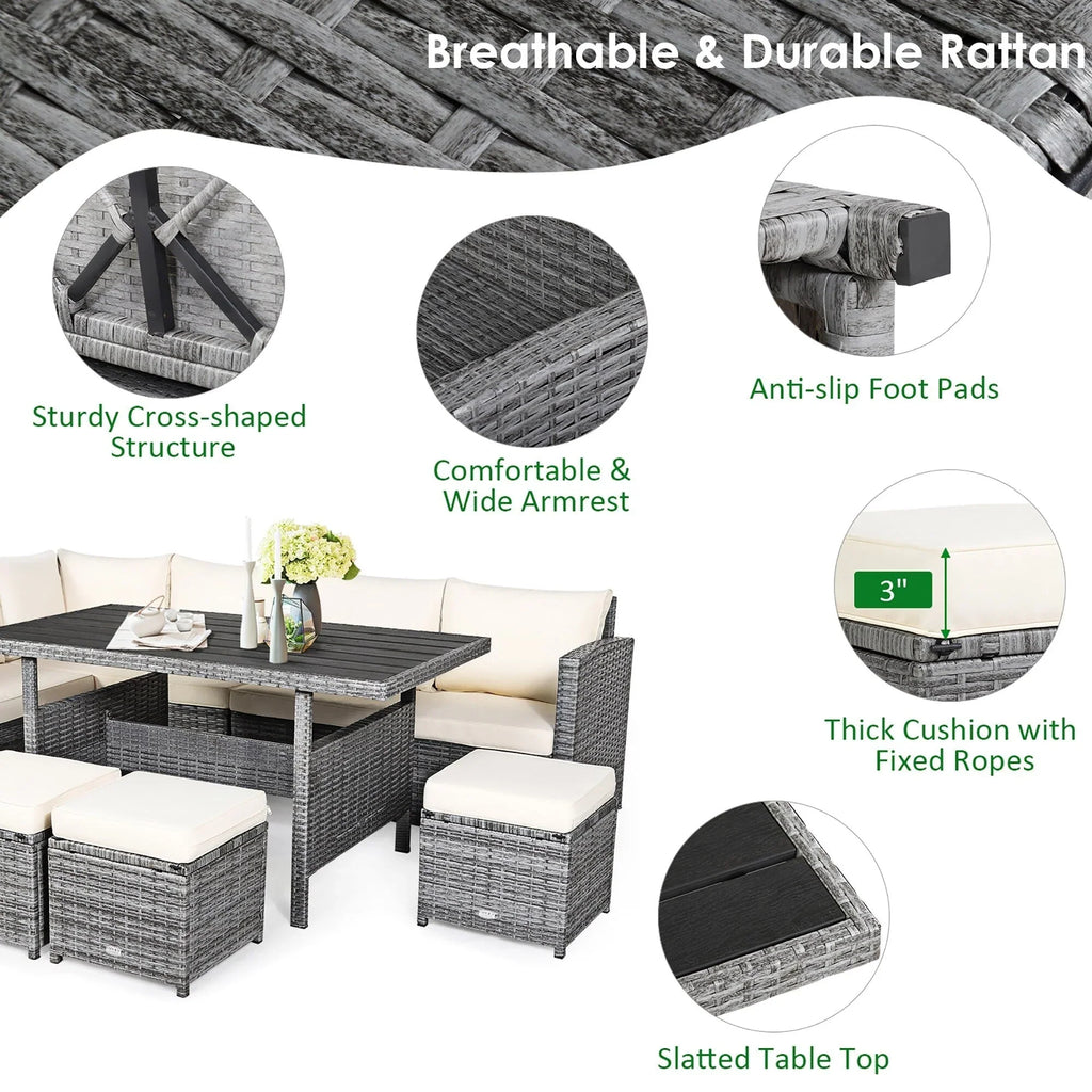 Ensemble de salle à manger Costway 7 pièces en rotin pour terrasse, canapé sectionnel et pouf - Voir détails