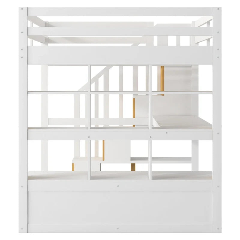 Lit mezzanine en bois massif naturel et blanc avec bureau et tiroirs