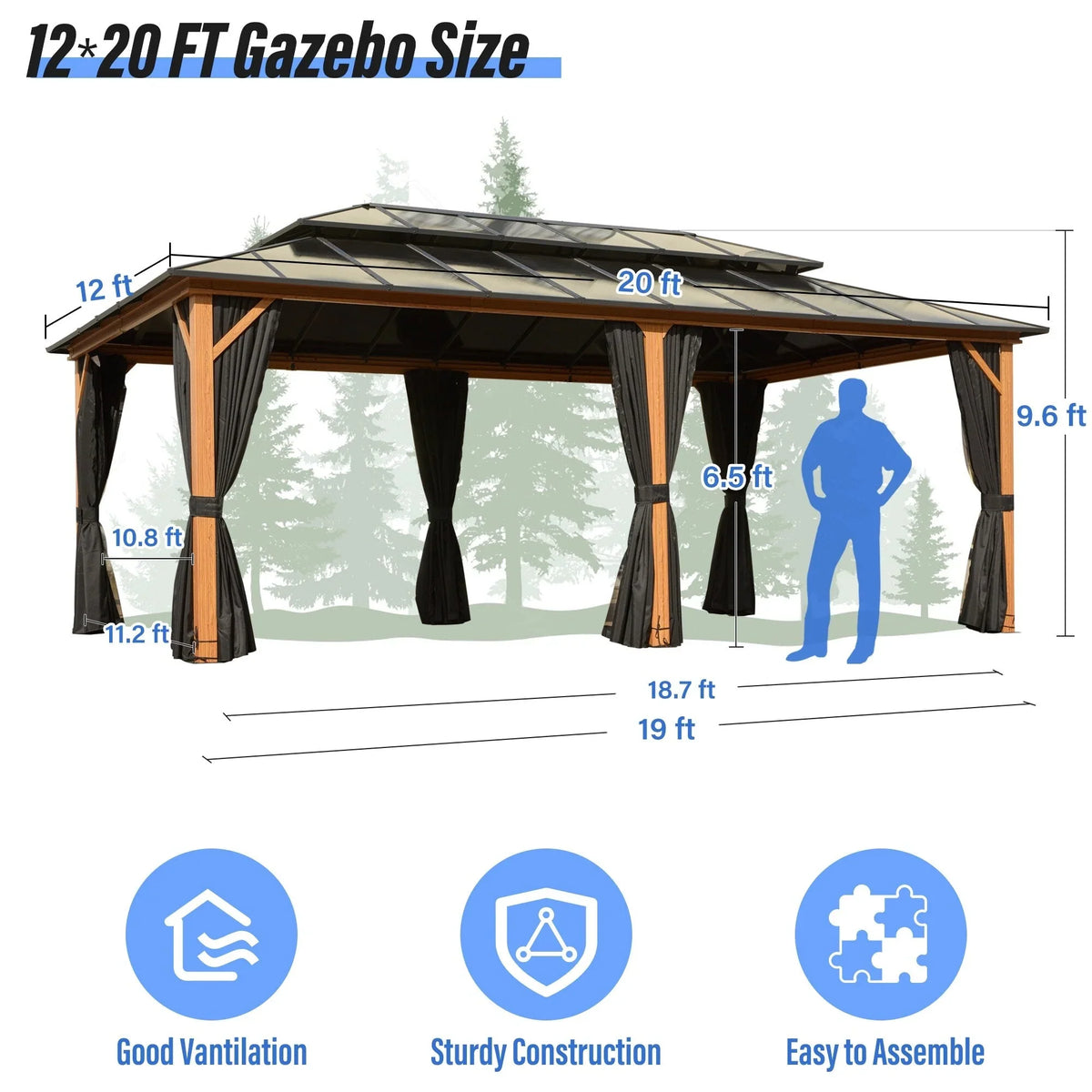 Tonnelle EROMMY à toit rigide, pergola extérieure avec double toit, moustiquaire et rideaux, auvent robuste pour patio, jardin, fête au bord de la piscine