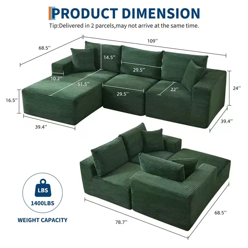 108 Modern Sofa Couch, 3 Seater Upholstered L Shaped Sofa with Pillows, Deep Seat Sofa, No Assembly Required