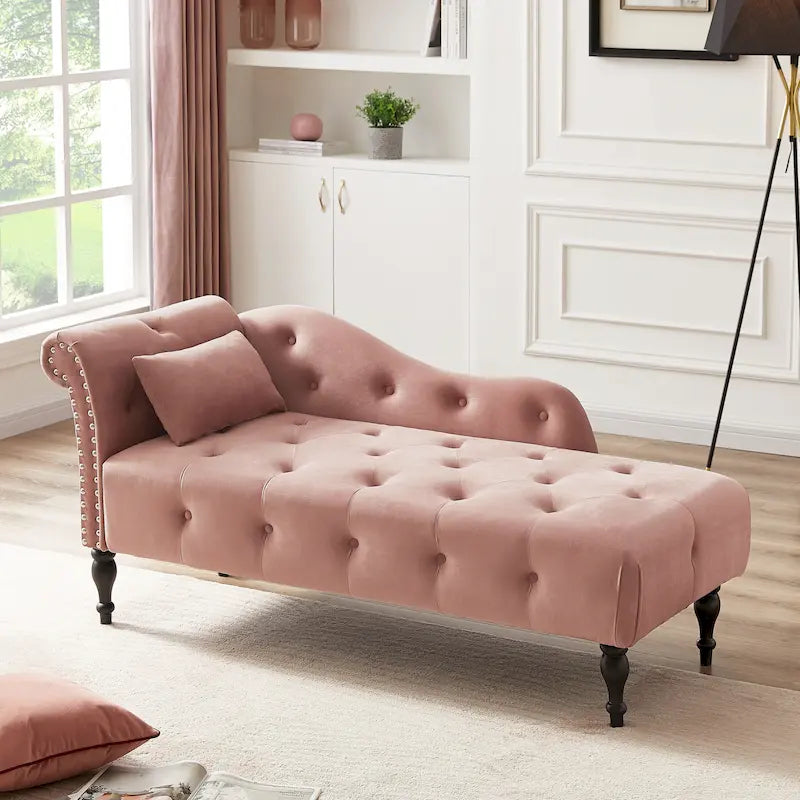 Chaise longue moderne de 154 cm avec revêtement en velours, boutons capitonnés, pieds en bois massif et clous de tapissier