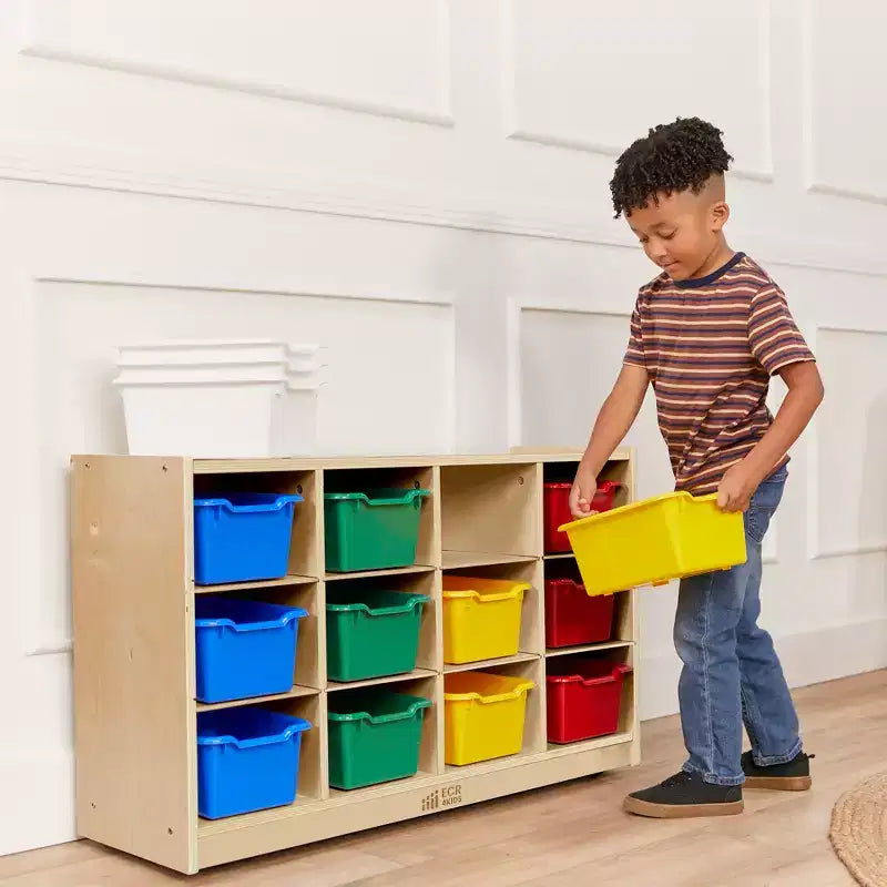 Meuble de rangement à roulettes Cubby avec 15 bacs à ouverture frontale, 3x4, Meuble pour enfants