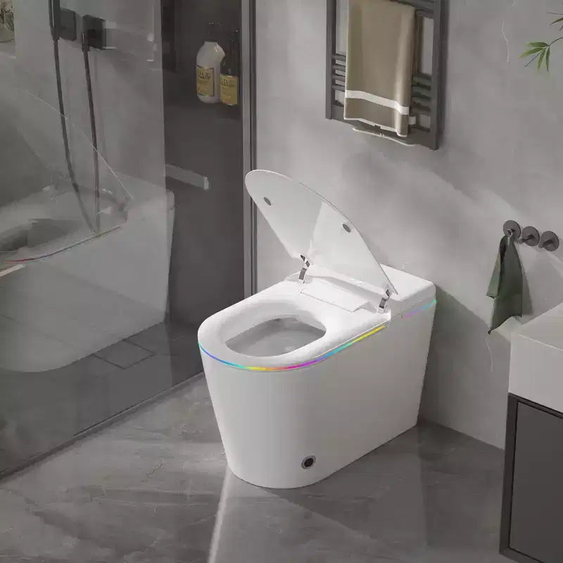Toilettes intelligentes Dyonery, monobloc sans réservoir avec bouclier en mousse, couvercle à ouverture/fermeture automatique, bidet et séchoir chauffants, veilleuse LED, chasse d'eau automatique