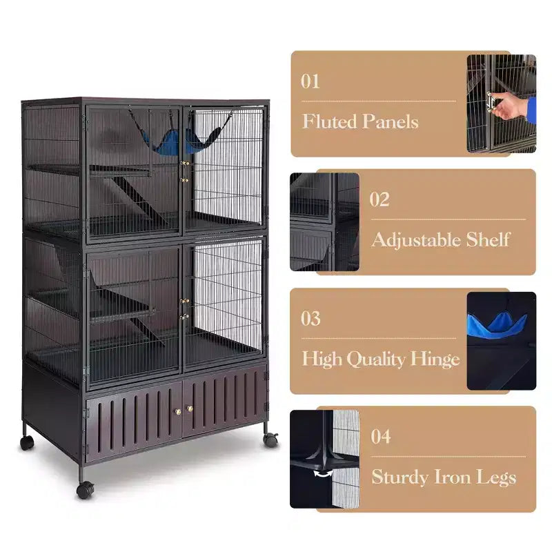 Grande Cage pour Petits Animaux, Cage à Furets - Habitat à 5 Niveaux de 150 cm avec Armoire de Rangement, Comprend Hamac/Roues/Rampes Amovibles/Plateaux Faciles à Nettoyer