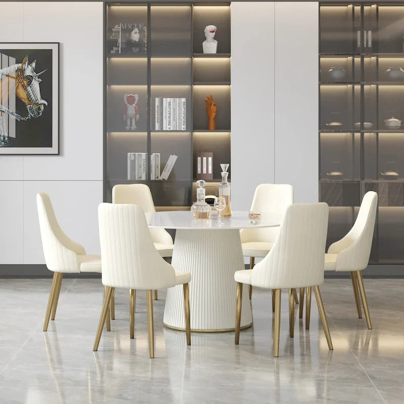 Table à manger ronde de 53 po pour 6 personnes avec plateau en pierre frittée et plateau tournant