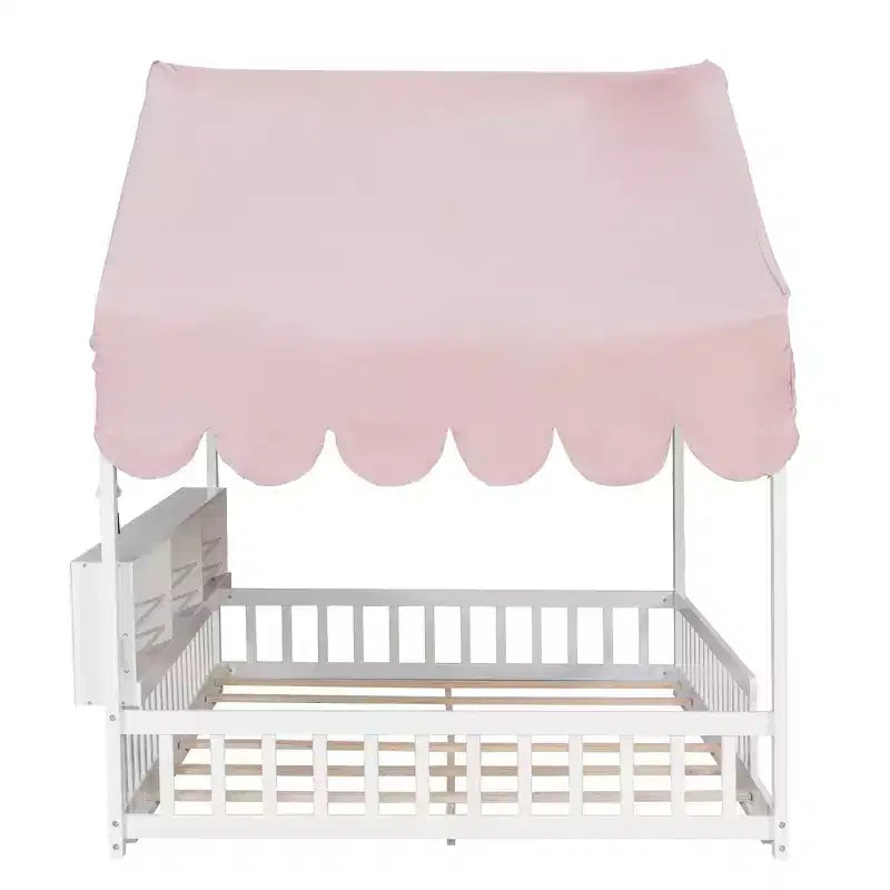 Cadre de lit en bois pleine grandeur Whisen, lit de repos en forme de maison avec clôture, 3 étagères de rangement, rideau