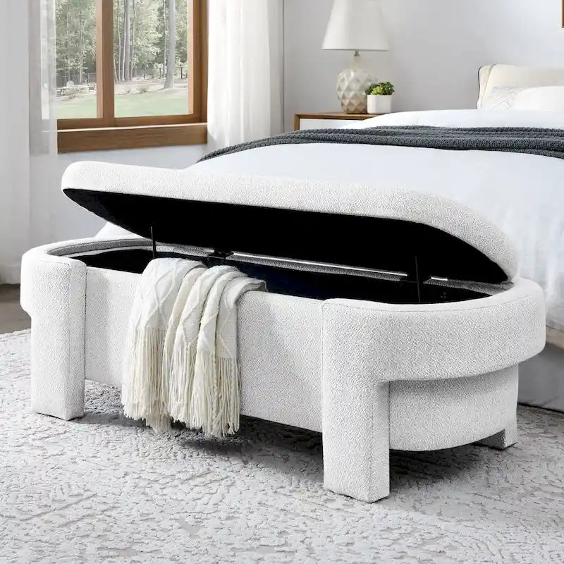 Banc tapissé de tissu en lin avec grand espace de rangement pour le salon, l'entrée et la chambre, blanc