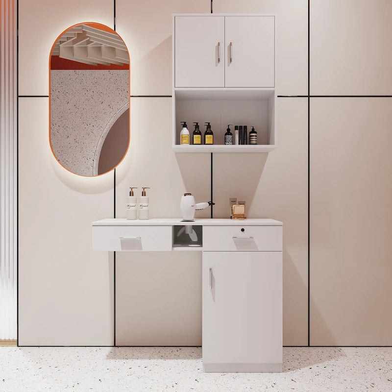 Meuble de rangement mural flottant en bois pour poste de lavage de barbier