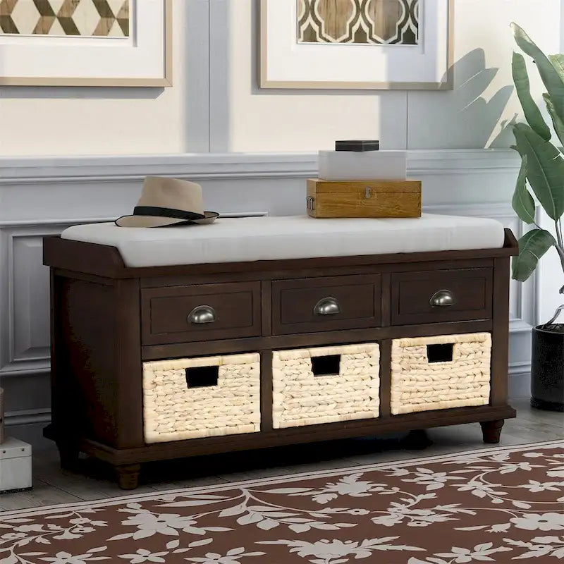 Harper & Bright Designs Banc de rangement 3 tiroirs avec 3 paniers en rotin