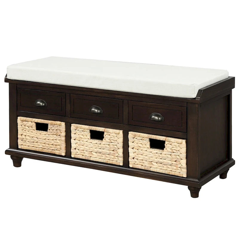 Harper & Bright Designs Banc de rangement 3 tiroirs avec 3 paniers en rotin