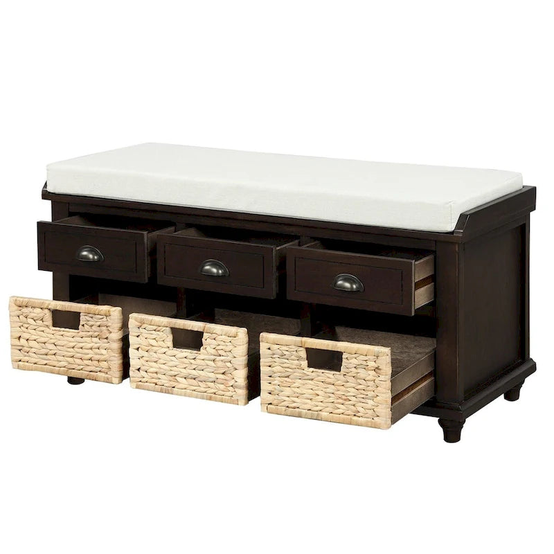 Harper & Bright Designs Banc de rangement 3 tiroirs avec 3 paniers en rotin