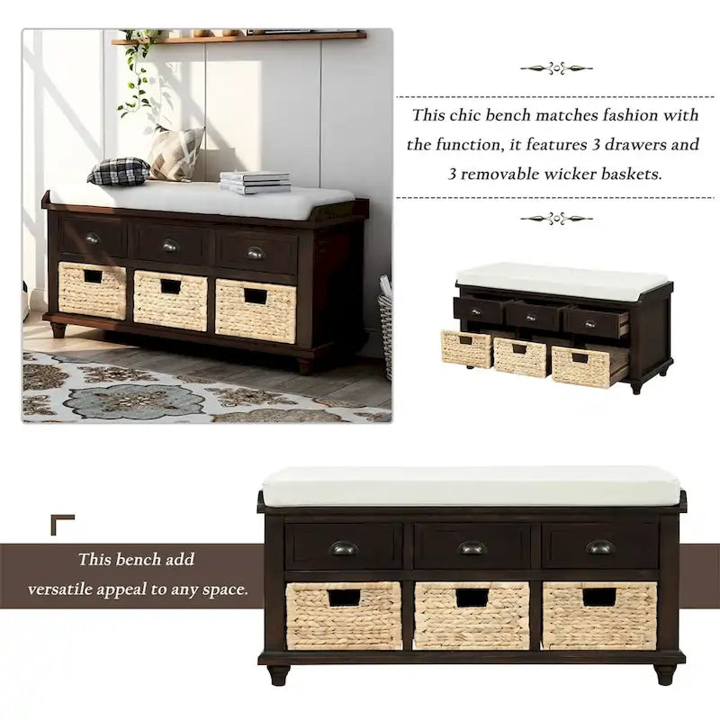 Harper & Bright Designs Banc de rangement 3 tiroirs avec 3 paniers en rotin