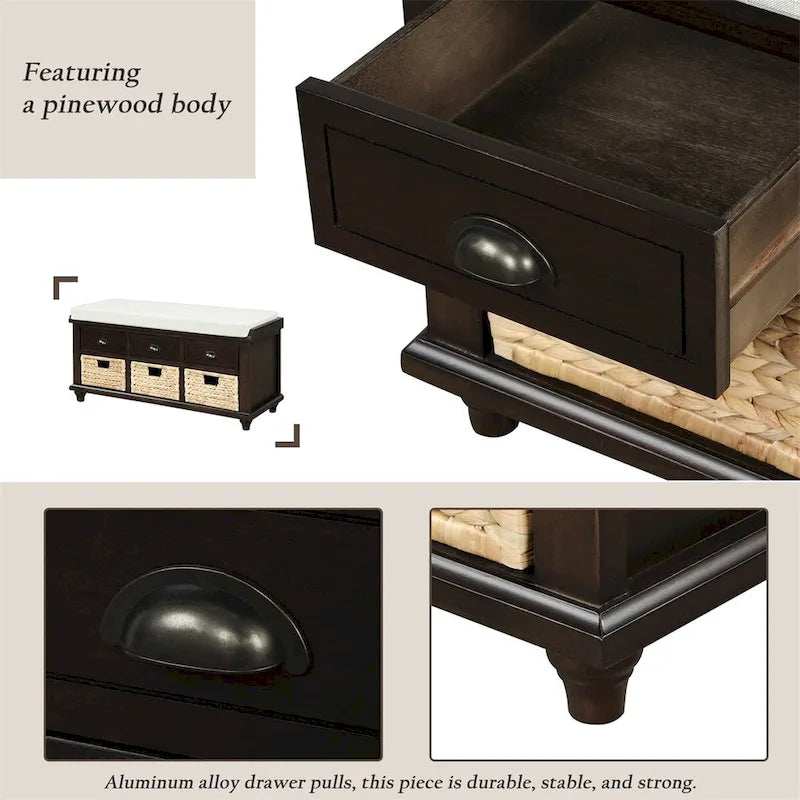 Harper & Bright Designs Banc de rangement 3 tiroirs avec 3 paniers en rotin