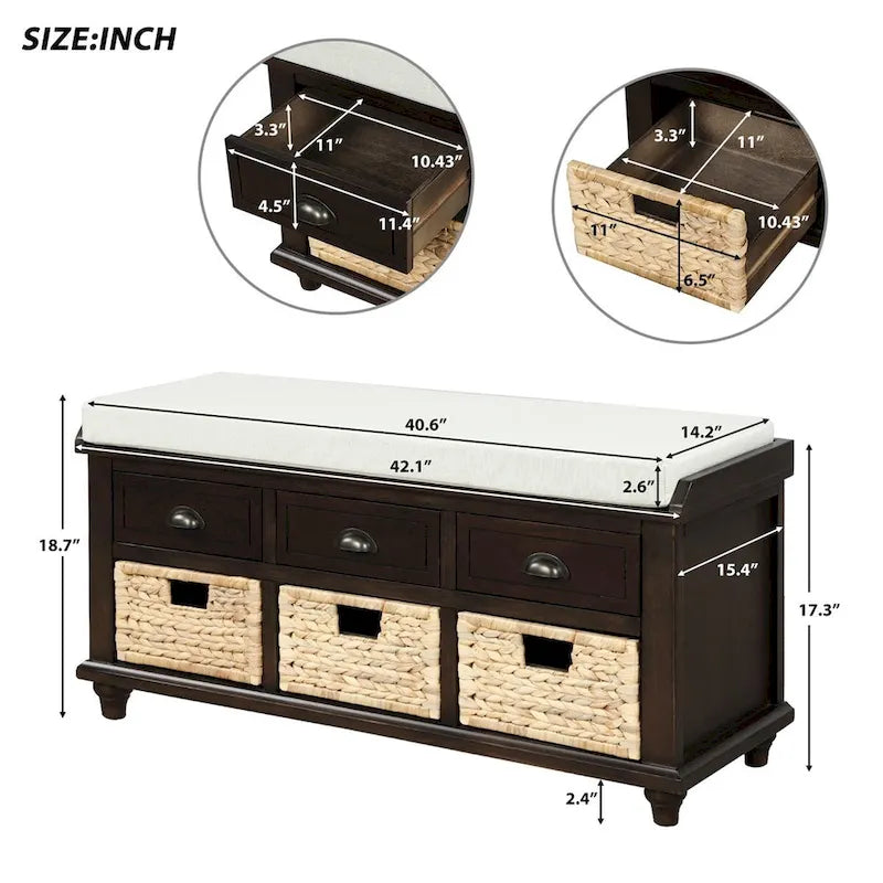 Harper & Bright Designs Banc de rangement 3 tiroirs avec 3 paniers en rotin
