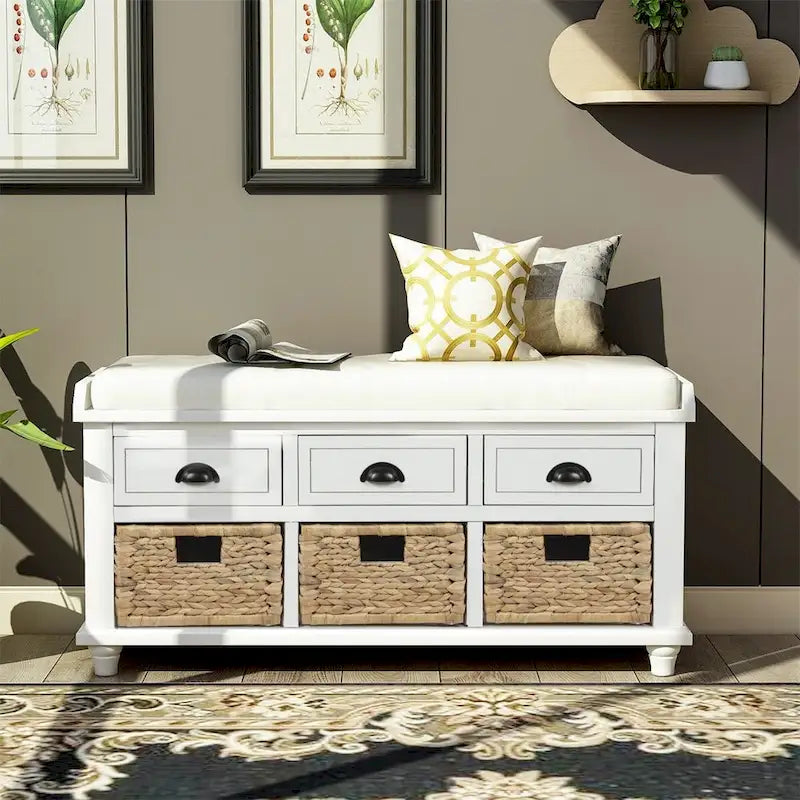 Harper & Bright Designs Banc de rangement 3 tiroirs avec 3 paniers en rotin