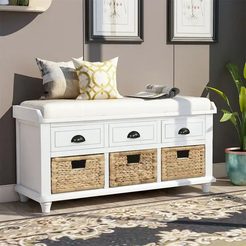 Harper & Bright Designs Banc de rangement 3 tiroirs avec 3 paniers en rotin