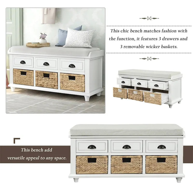 Harper & Bright Designs Banc de rangement 3 tiroirs avec 3 paniers en rotin