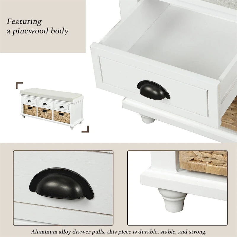 Harper & Bright Designs Banc de rangement 3 tiroirs avec 3 paniers en rotin