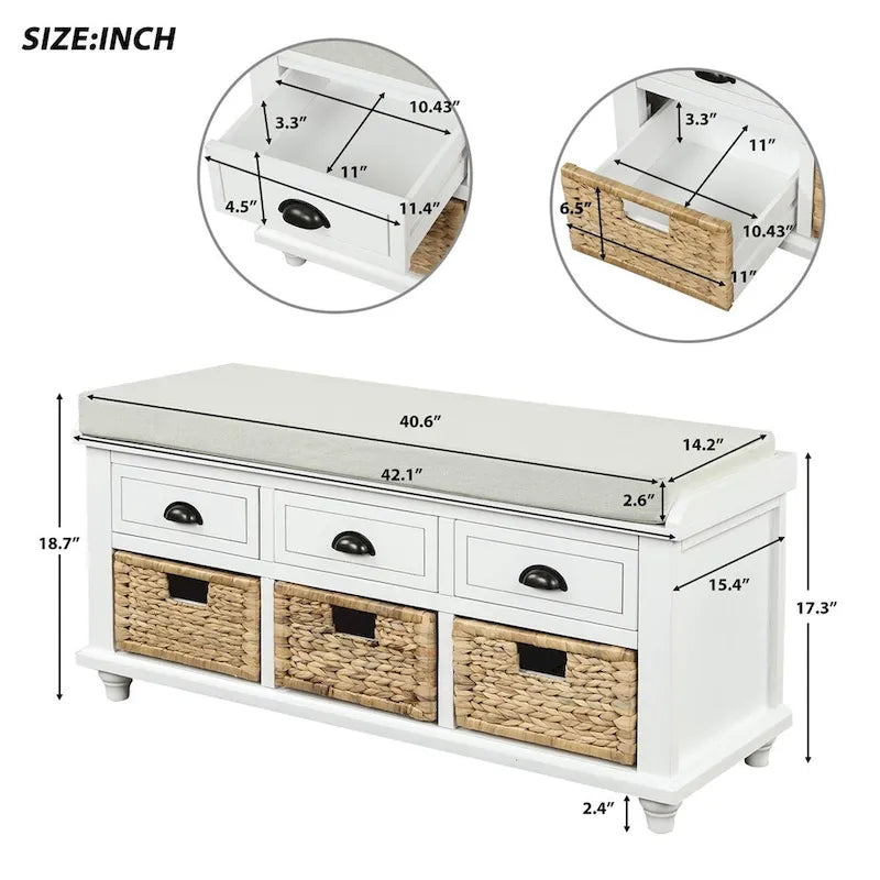 Harper & Bright Designs Banc de rangement 3 tiroirs avec 3 paniers en rotin