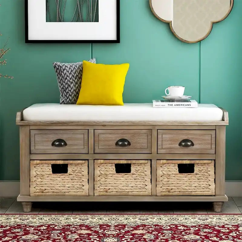 Harper & Bright Designs Banc de rangement 3 tiroirs avec 3 paniers en rotin