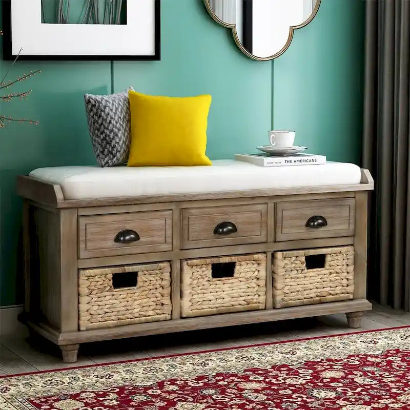 Harper & Bright Designs Banc de rangement 3 tiroirs avec 3 paniers en rotin