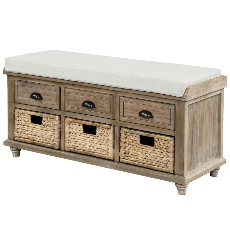 Harper & Bright Designs Banc de rangement 3 tiroirs avec 3 paniers en rotin