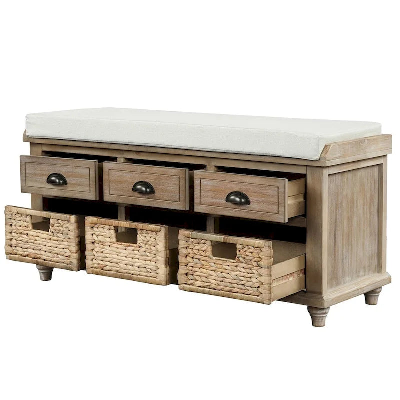 Harper & Bright Designs Banc de rangement 3 tiroirs avec 3 paniers en rotin