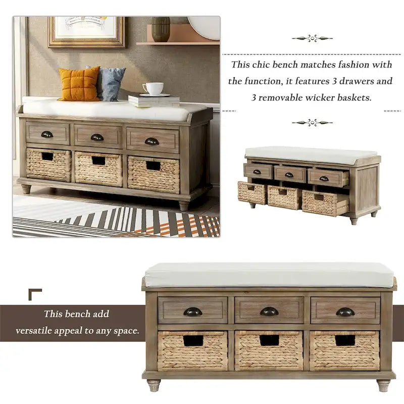 Harper & Bright Designs Banc de rangement 3 tiroirs avec 3 paniers en rotin
