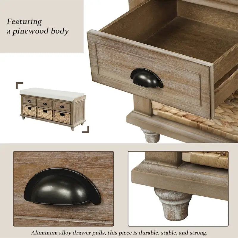 Harper & Bright Designs Banc de rangement 3 tiroirs avec 3 paniers en rotin