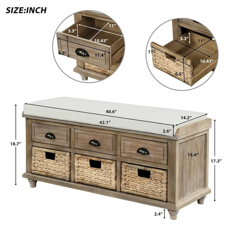 Harper & Bright Designs Banc de rangement 3 tiroirs avec 3 paniers en rotin
