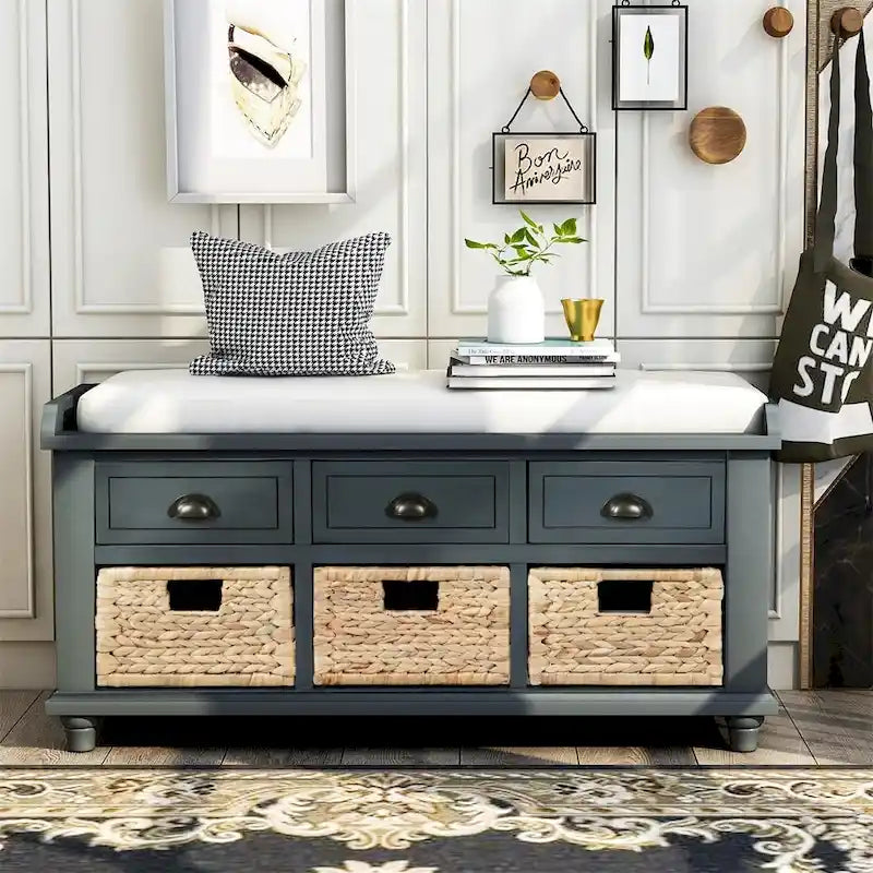 Harper & Bright Designs Banc de rangement 3 tiroirs avec 3 paniers en rotin