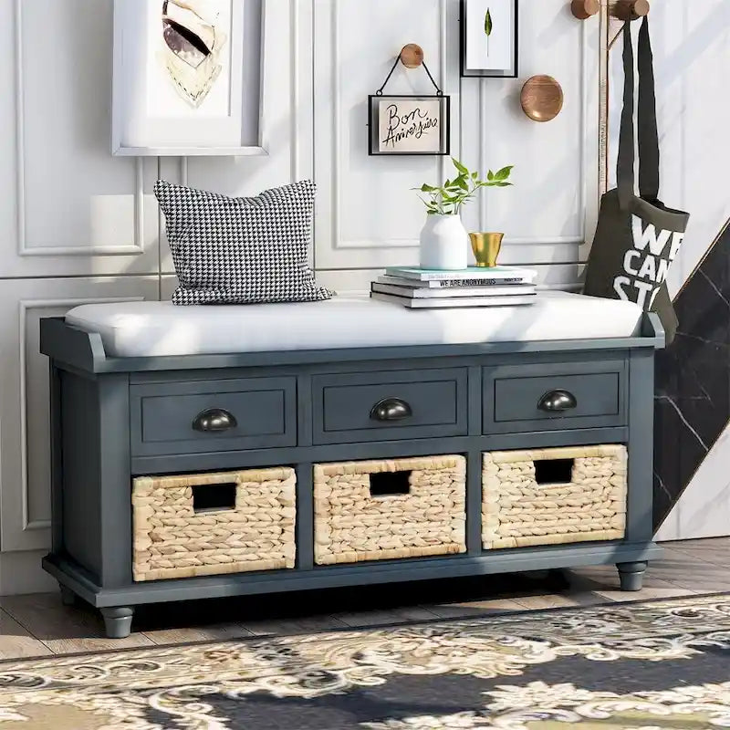 Harper & Bright Designs Banc de rangement 3 tiroirs avec 3 paniers en rotin