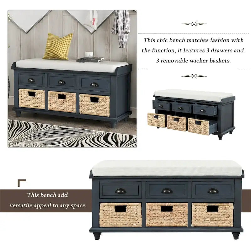 Harper & Bright Designs Banc de rangement 3 tiroirs avec 3 paniers en rotin