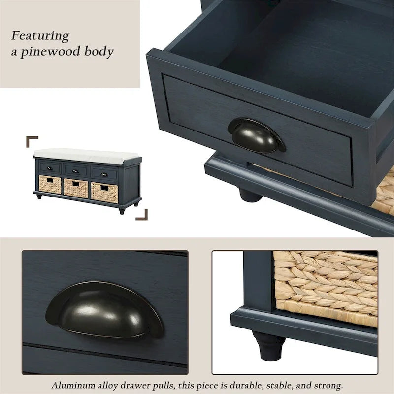 Harper & Bright Designs Banc de rangement 3 tiroirs avec 3 paniers en rotin