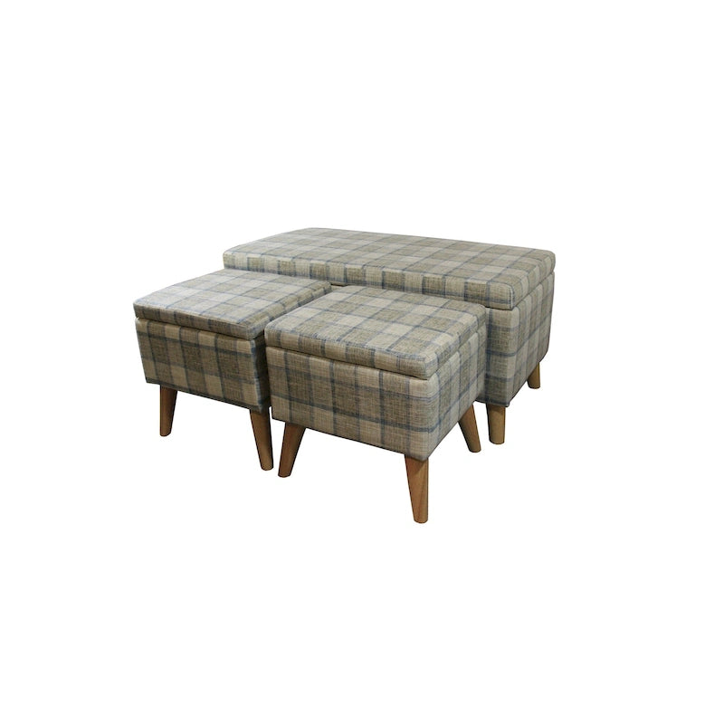 Banc de rangement et pouf à carreaux taupe et bleu, ensemble de trois pièces