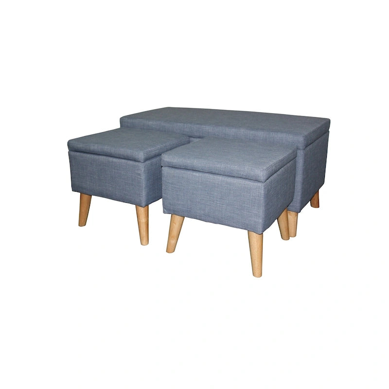 Banc de rangement et pouf à carreaux taupe et bleu, ensemble de trois pièces